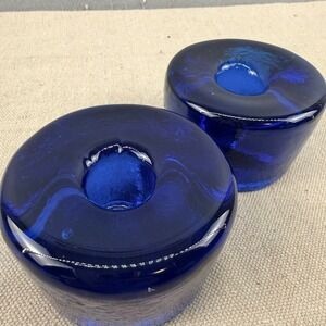 VTG Pair Blenko 990A Cobalt Blue Art Glass A-Line Candle Holders Don Shepherd